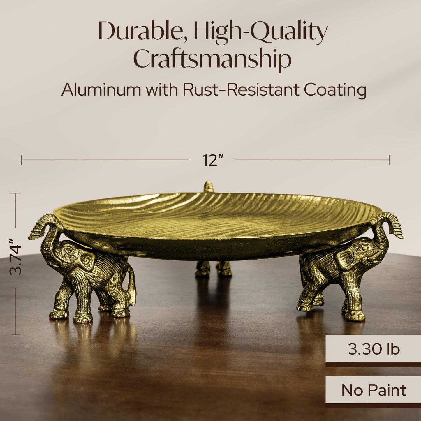 JUUVANA Round Decorative Tray – Antique Gold Tray Round with Elephant Stand, Coffee Table Tray, Dining Table Centerpiece Decor, Decorative Trays for Home Decor