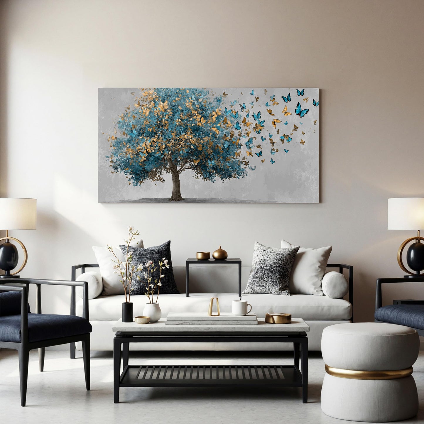 YISXINOAG Canvas Art Wall Decor Modern Wall Art Tree of Life Wall Art Blue Tree Paintings Gold Butterfly Modern Landscape Painting Canvas Artwork Pictures for Bathroom,Dining Room Size 20"X40"