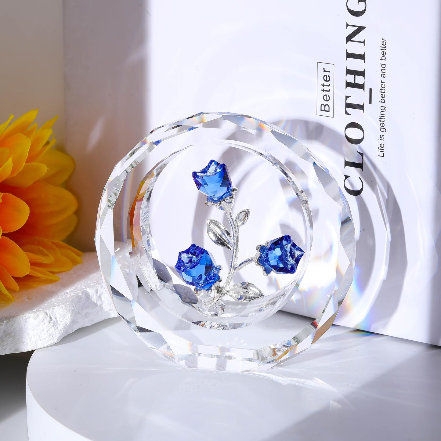 Blue Rose Flower Crystal Figurine with Vase - Bouquet Flowers Ornament Gifts for Wife Girlfriend Women - Handmade Crystal Flower Collectible Home Table Decor for Valentine's Day Wedding Anniversary