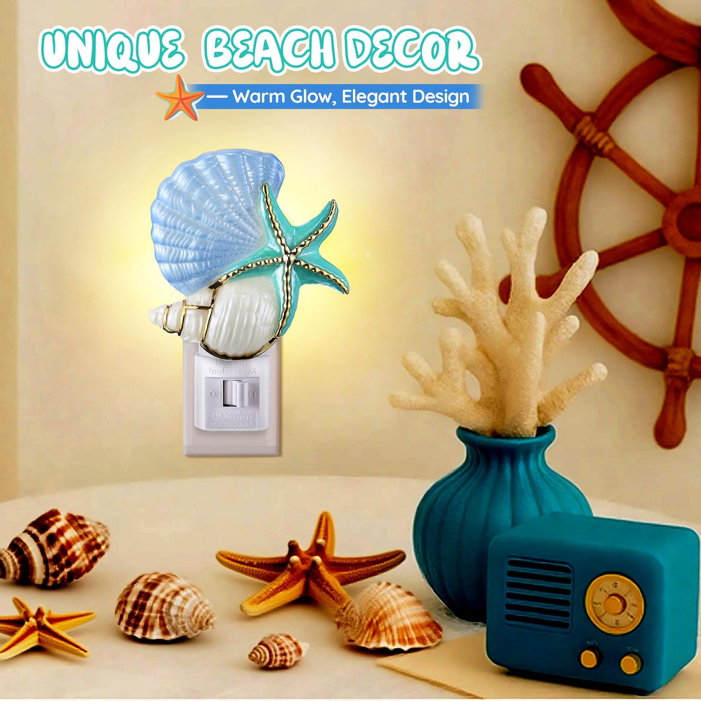 Hohean Seashell Night Light, Beach Night Light Plug into Wall with Manual On/Off Switch, LED Energy-Saving Lamps, 360° Swivel Plug, Beach Decor Coastal Decor for Bedroom Bathroom(Starfish)