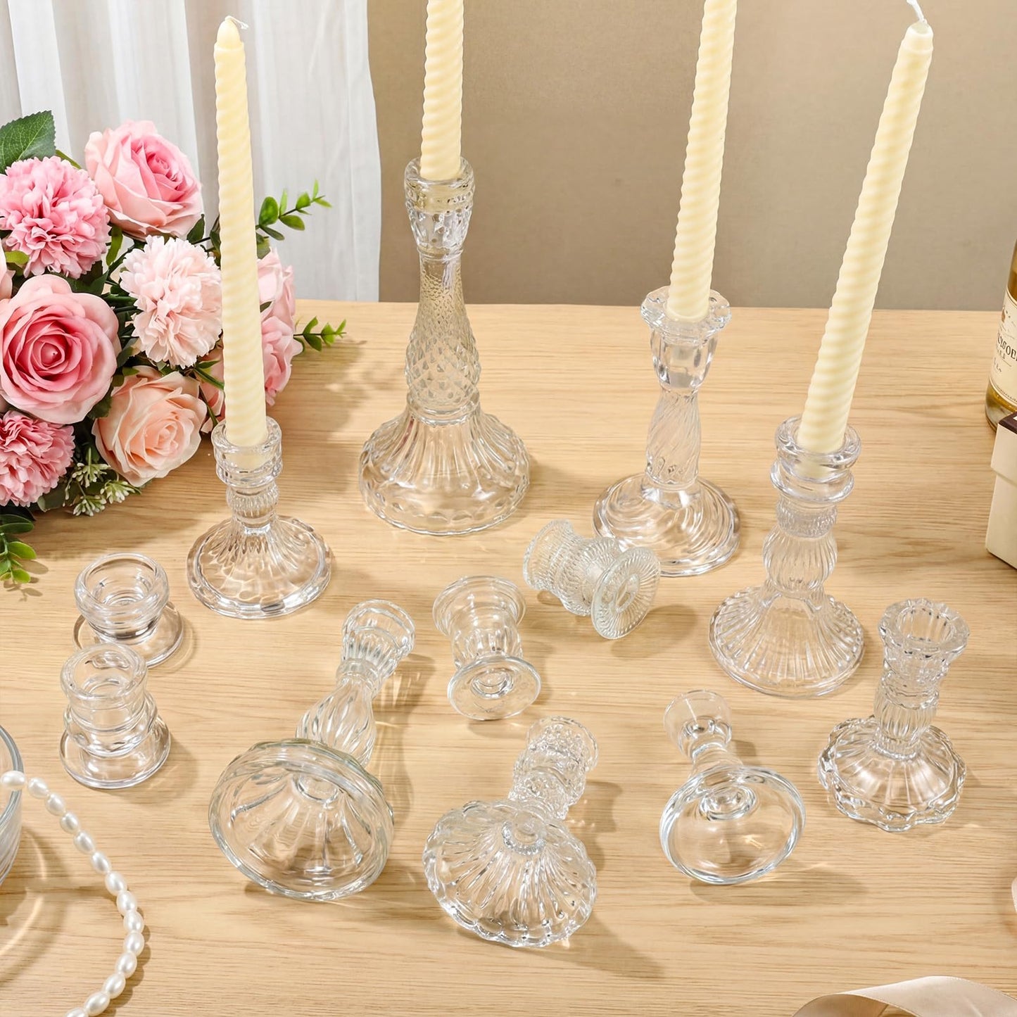 Mumufy 12 Pcs Glass Crystal Taper Candle Holders Clear Glass Candlestick Holder Fit 0.8 Inch Red Green Ribbed Taper Candlestick Holders Centerpiece Table Wedding Party