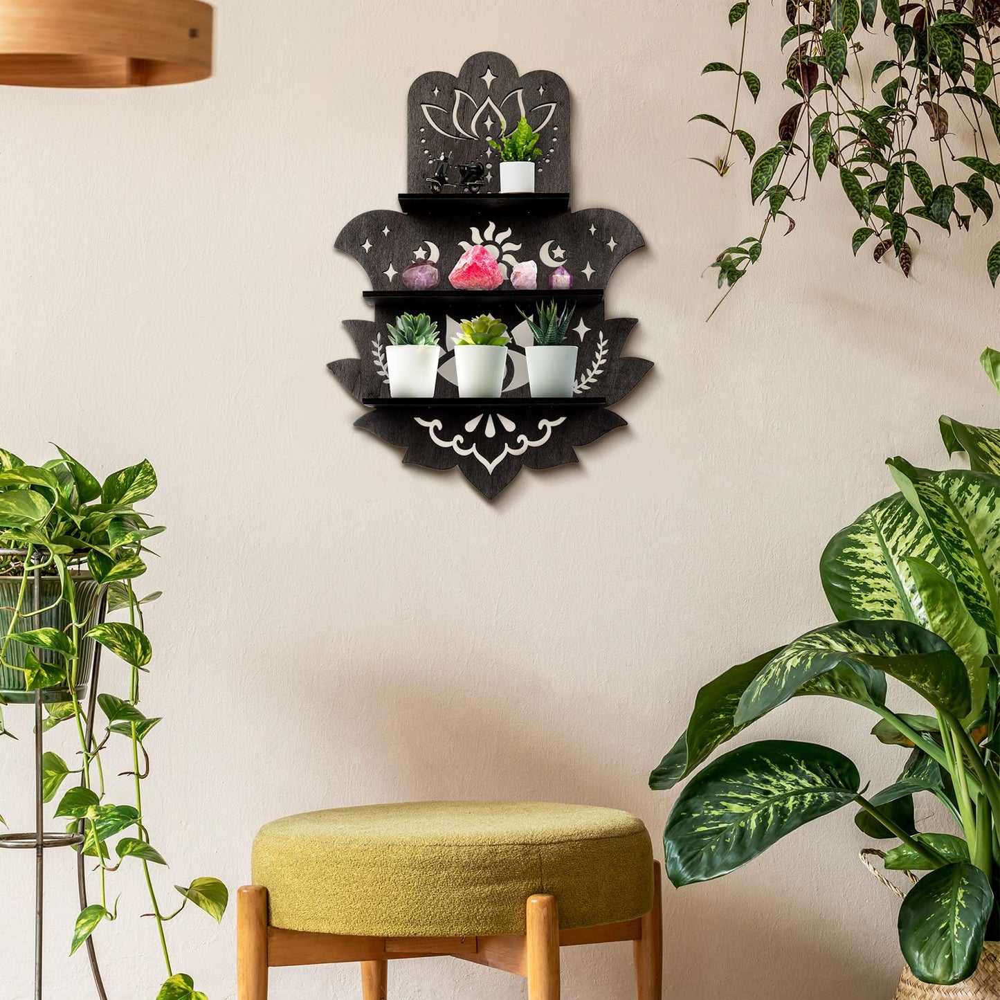 Maitys Hamsa Wall Decor Lotus Crystal Shelf Display for Evil Eye - Large 17'' Hamsa Hand Boho Wooden Hanging Crystal Holder Aesthetic Zen Meditation Spiritual Gift Witch Yoga Decor (Black)