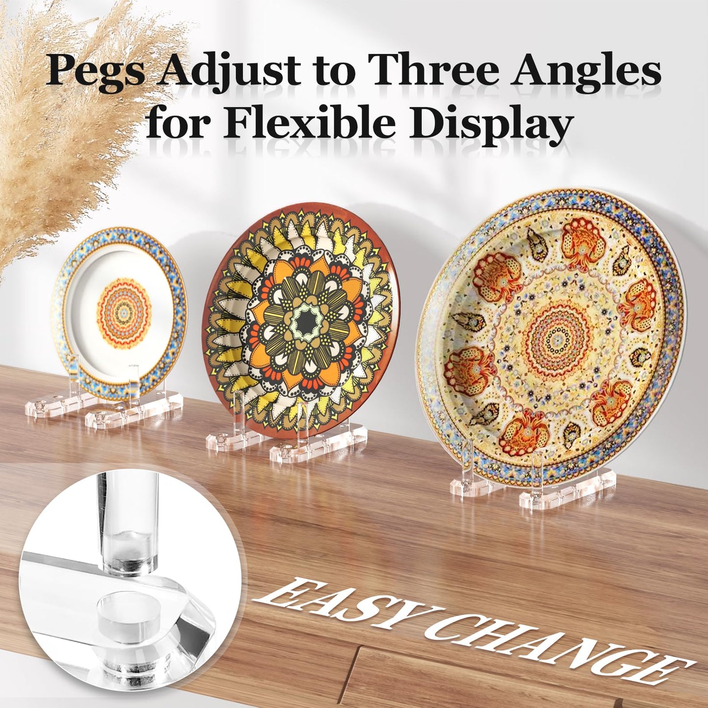 FODIENS Plate Stands for Display, 1 Pack Clear Acrylic Display Easel with Adjustable Pegs for Decorative Plate, Books, Records, Plaque, Picture Frame, Platter Tabletop Art (1-Pack)