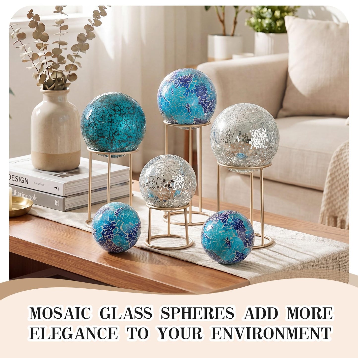 Qinyoung White 8 Pcs Decorative Ball for Bowls, 3'' 4'' Glass Mosaic Sphere Decorative Orbs for Centerpiece Bowls Vase Fillers, Wedding, Party, Coffee Table & Home Decor (Blue,Cyan)
