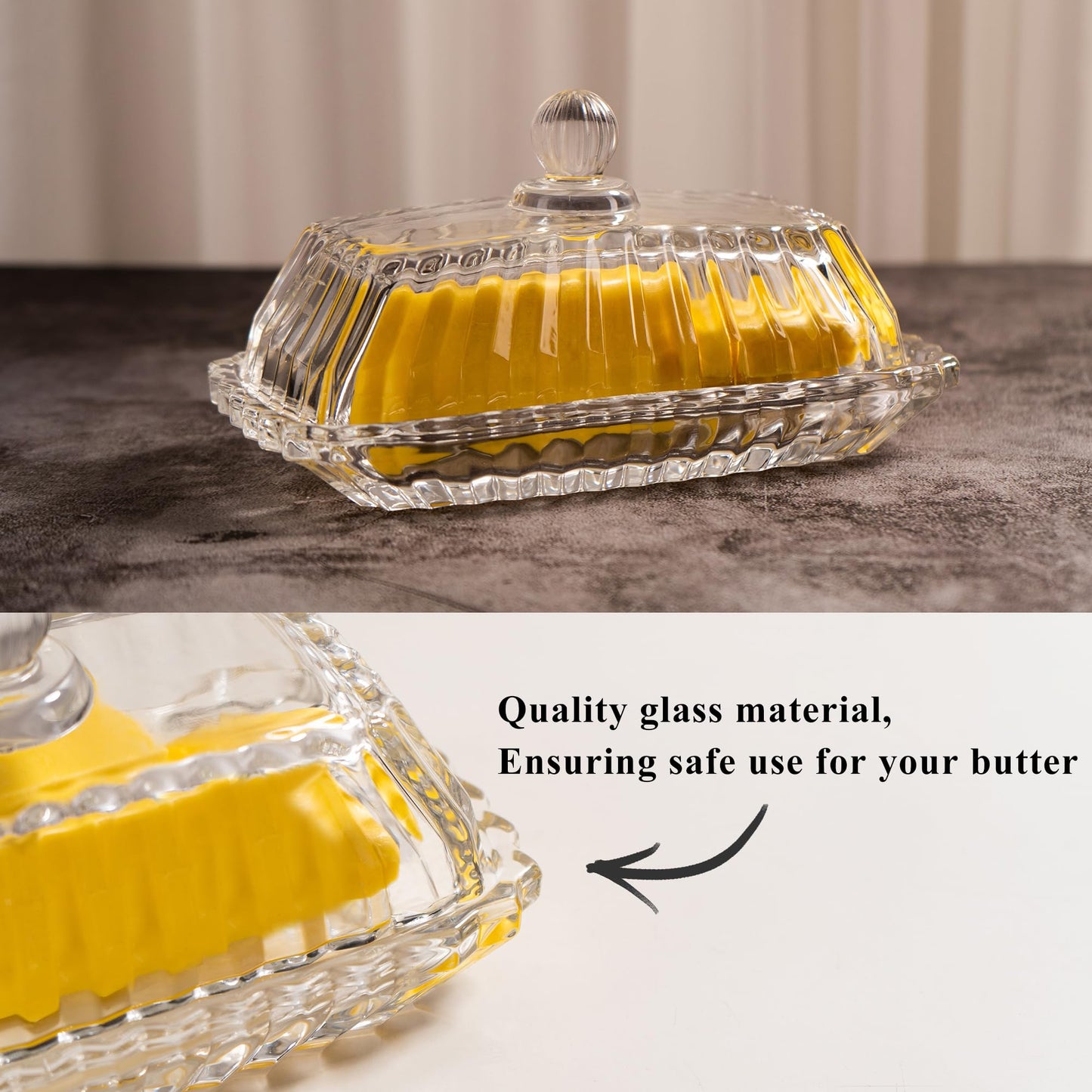 Clear Glass Butter Dish with Lid, Covered Butter Stick Holder Tray, Crystal Glass Butter Storage Container for Fridge Countertop