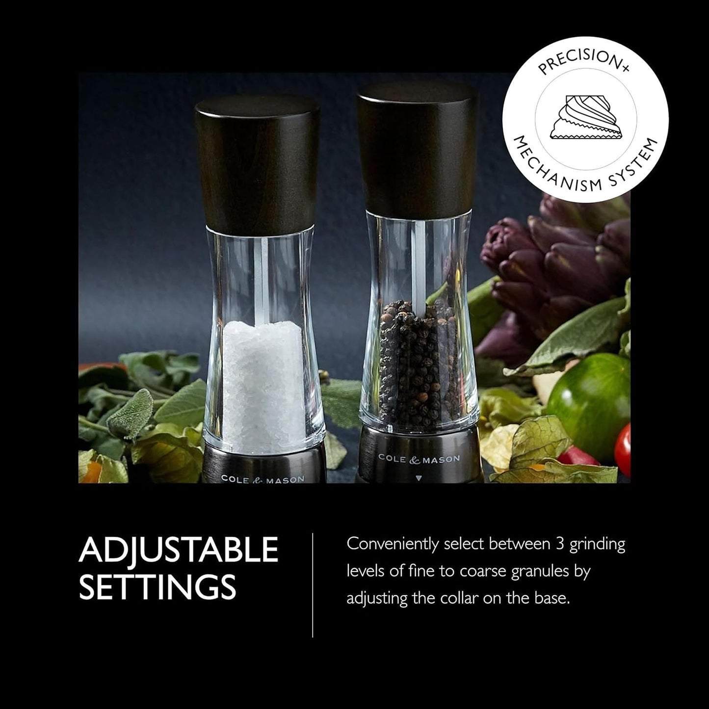 Cole & Mason Derwent Salt Mill - Gourmet Precision Salt Grinder - Refillable Seasoning and Spice Tools - Adjustable Seat, Himalayan and Kosher Salt Grinder Settings - Dark Wood