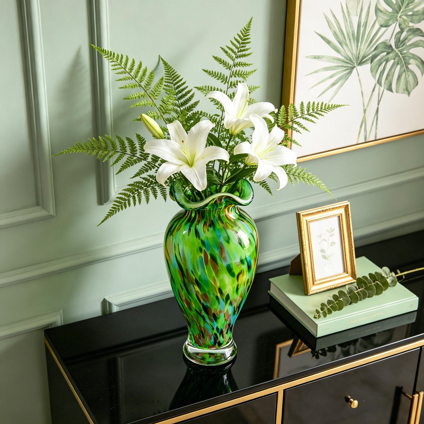 Hand Blown Glass Vase, 12 inch Tall Unique Emerald Green Crystal Flower Vase, Large Art Glass Home Table Centerpieces for Floral Bouquet Decorations