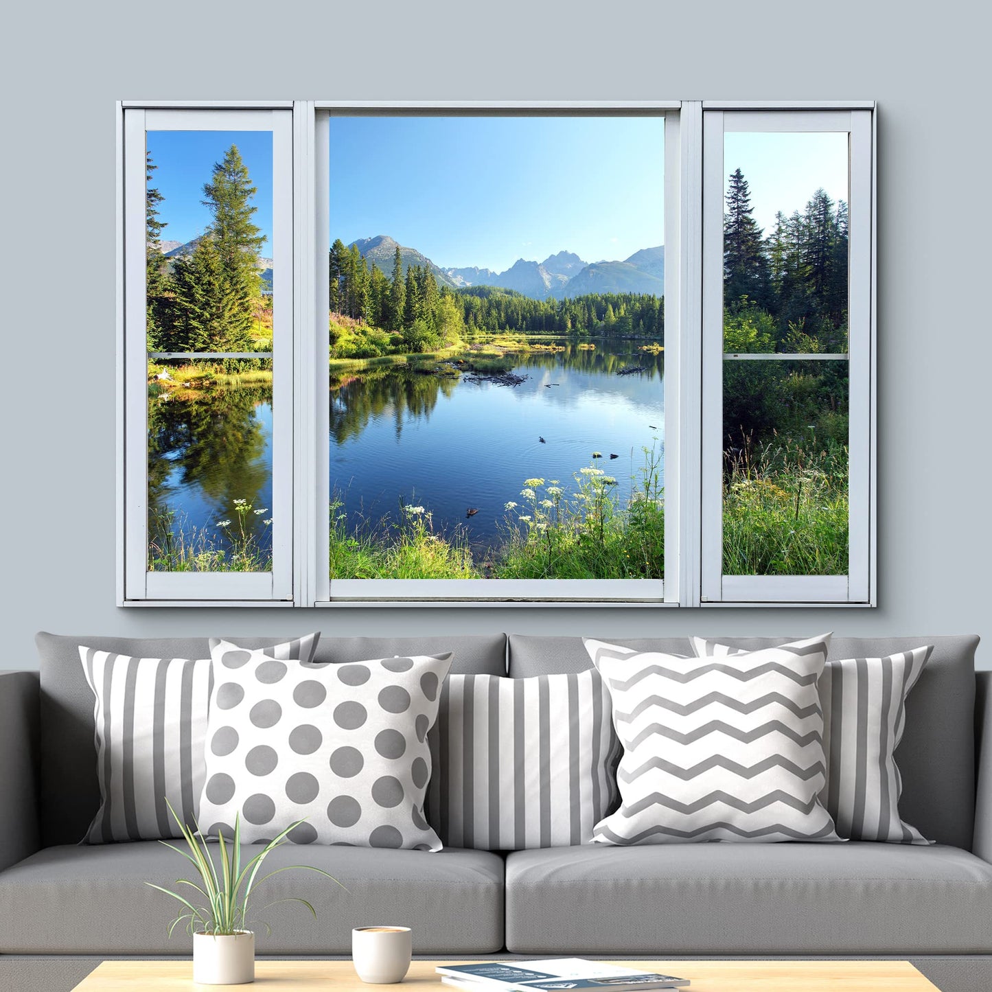 wall26 Canvas Print Wall Art Window View Springtime Blooming Flower Lake Forest Wilderness Nature Photography Realism Scenic Landscape Colorful Multicolor for Living Room, Bedroom, Office - 24"x36"