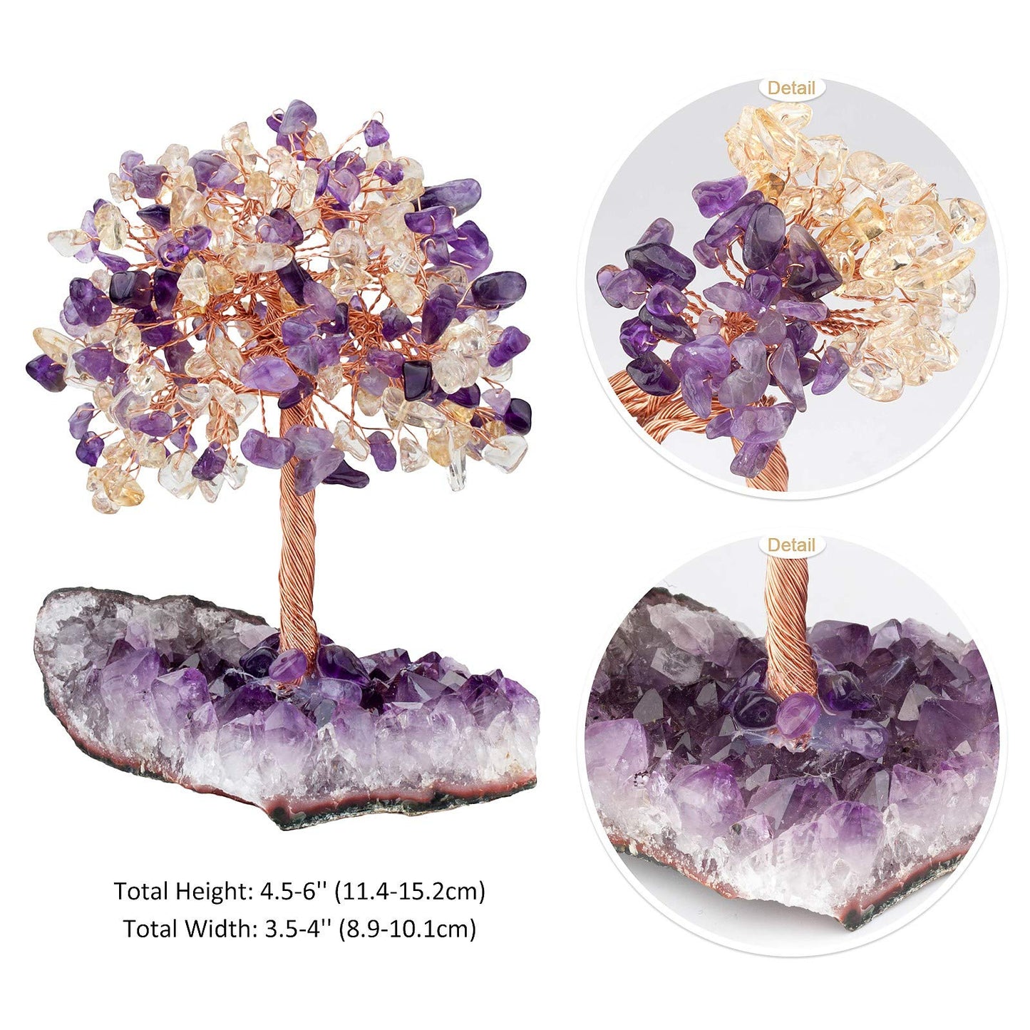 SUNYIK Healing Crystal Tree on Natural Amethyst Cluster Crystal Quartz Base, Handmade Crystal Bonsai Money Tree for Wealth and Luck 4.5-6" Tall, Purple/Yellow
