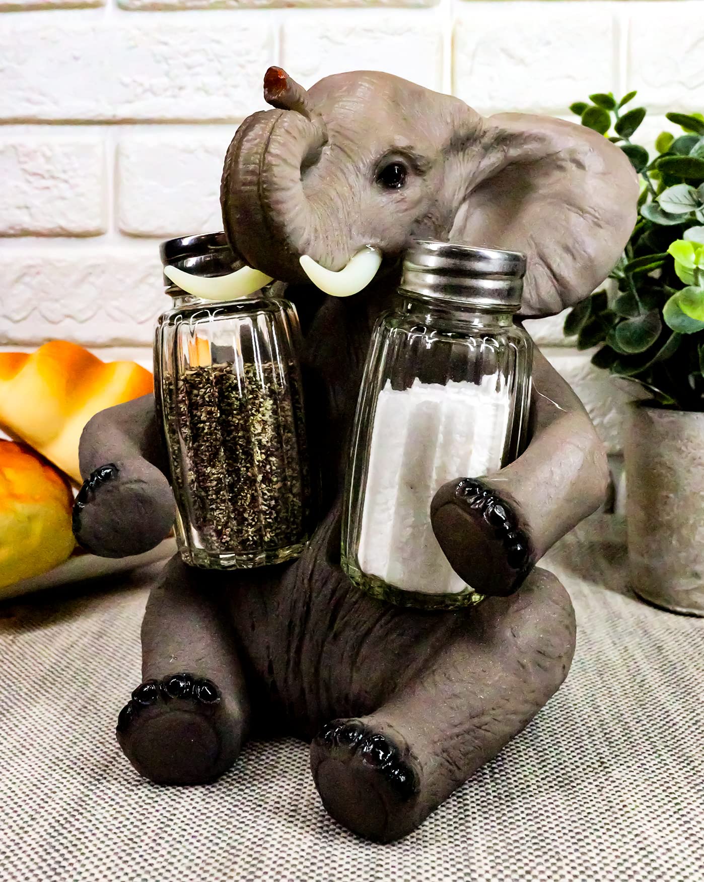 Ebros Gift Safari African Bush Elephant Decorative Glass Salt & Pepper Shakers Holder Figurine Decor 7"H Elephants Kitchen Bar Dining Accent