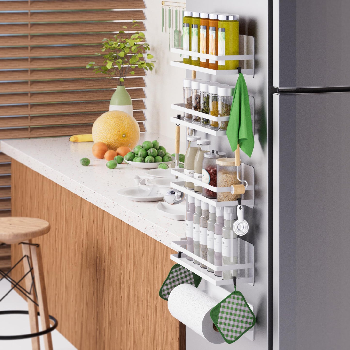 Magnetic Spice Rack Moveable Magnetic Shelf Organizer for Kitchen Refrigerator Microwave Oven Storage Rack Fridge Magnet Organizer,White,4 Packs