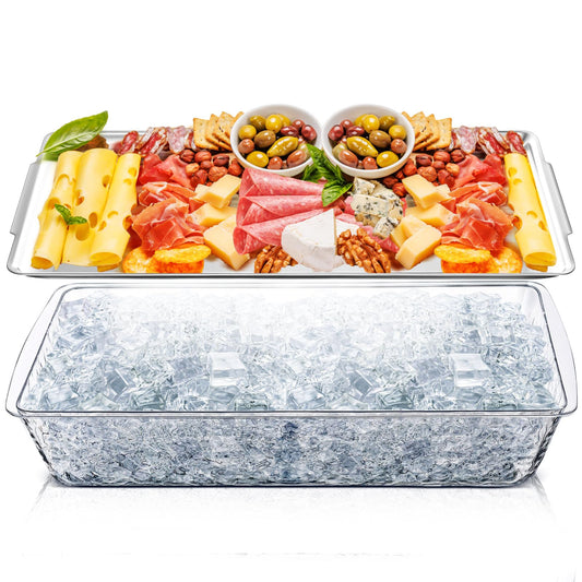Baderke 1 Set 16" x 9'' Chilled Serving Tray for Parties with Compartments Rectangle Serving Dish Ice Charcuterie Party Platter for Shrimp Fruit Seafood Vegetable Appetizer (Silver)