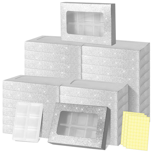 50 Pcs Silver Glitter Gift Boxes for Wax Melts 6 Cavity Plastic Wax Melt Molds with Box Crystal Wax Melts Containers Boxes Wax Melt Cube Trays for Wrapping Gifts Wax Cubes Wax Tarts Wax Block