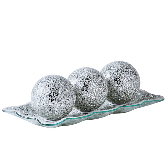 KMwares 12.4” Mosaic Glass Decorative Tray Dish Plate with 3pcs 3" Decorative Orbs Balls Sphere Decor for Living Room or Dining Table Coffee Table Mantle Decor Centerpiece (Silver)