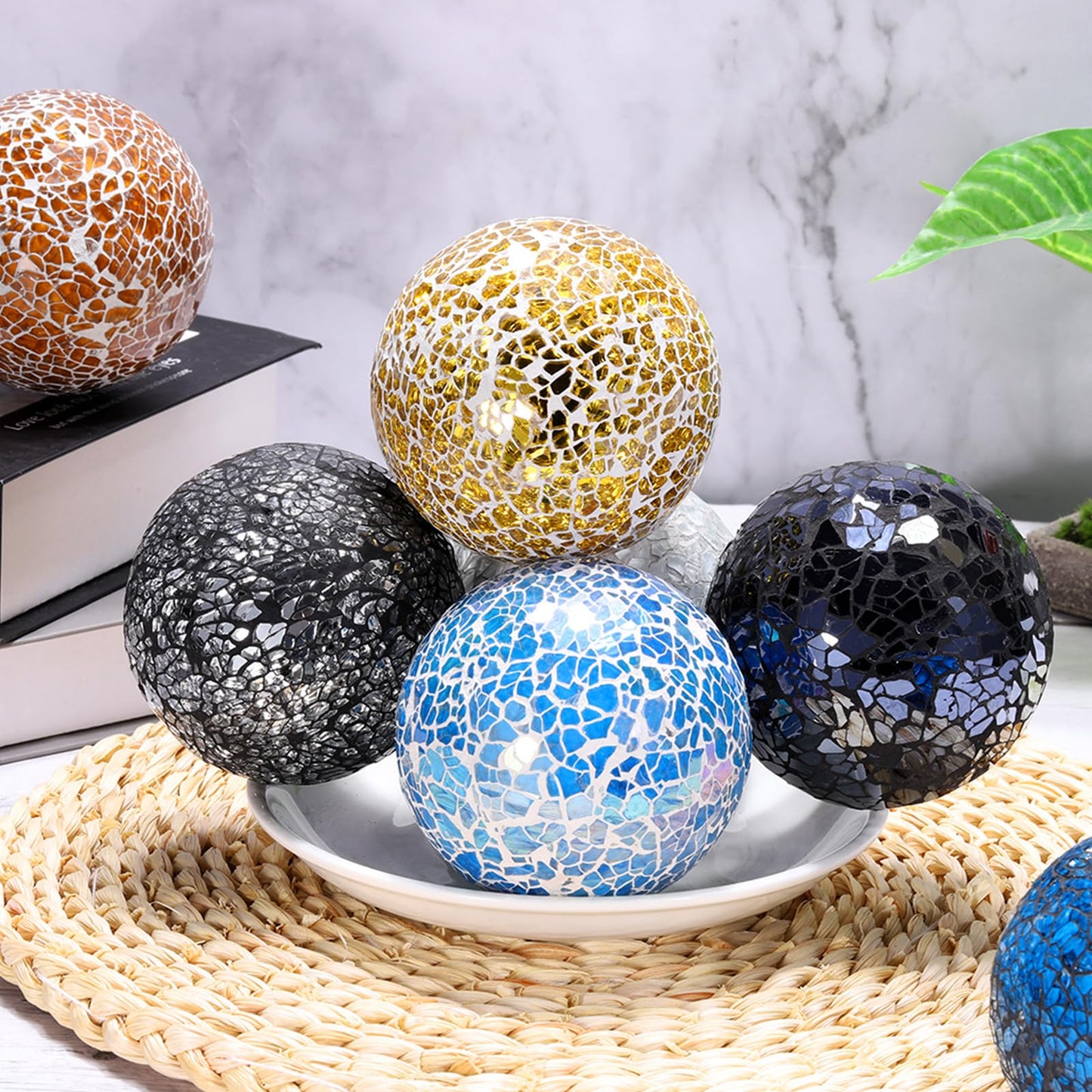 uxcell 3Pcs Decorative Glass Balls 3.15 Inch Orbs Centerpiece Balls Mosaic Glass Ball Sphere for Decor Bowls Vases Dining Table Party, Gold, Silver Black, Blue