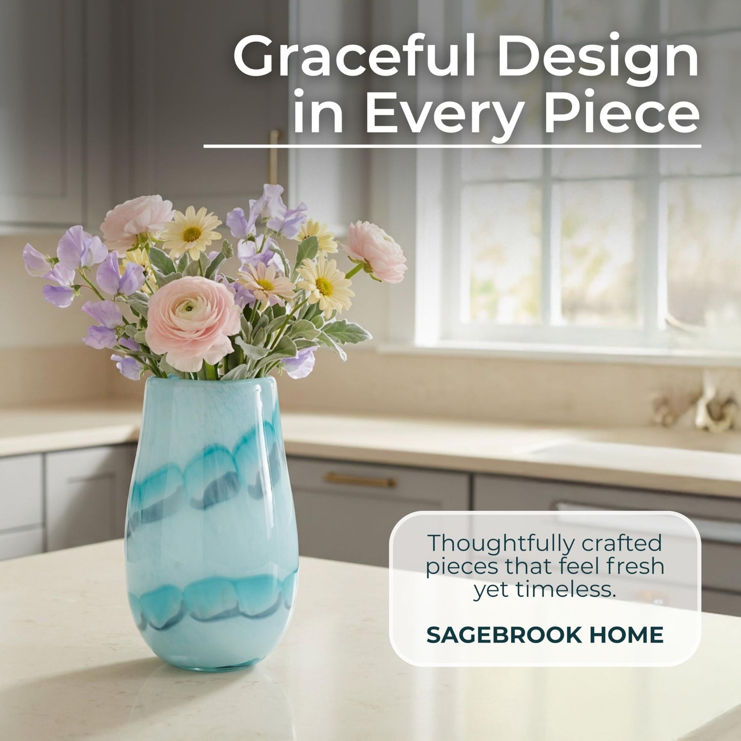 Glass Vase – Vase for Fresh or Dried Flowers, Living Room, Bedroom, or Entryway Tabletop Decor, Coastal Wave Design Home Decor Accent that Adds Calm, Collected Style – 12", Blue