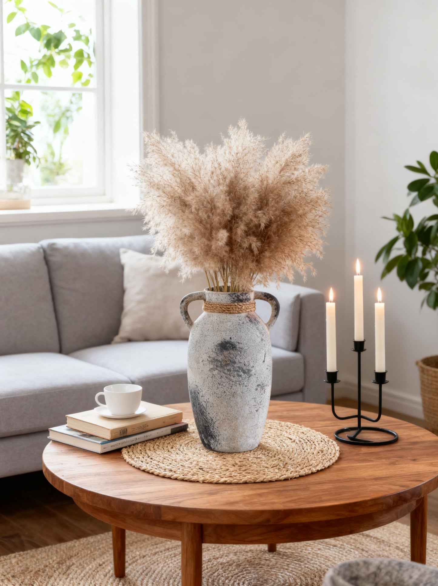 XUANTGY Ceramic Flower Vase with 2 Handles,9.8 inch Large Farmhouse Rustic Terracotta Vases for Decor，Gray