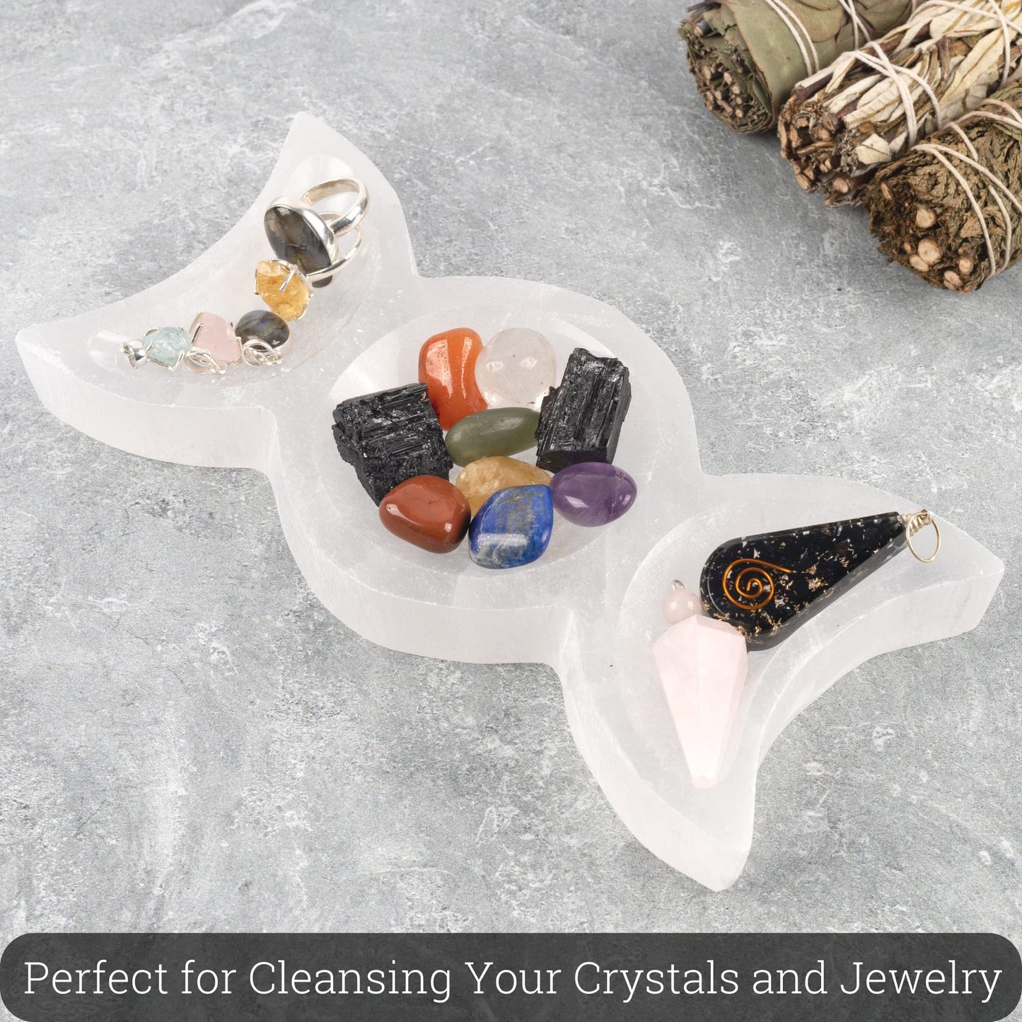 Wish Well Selenite Triple Moon Bowl – Large 7.50” Selenite Crystal Bowl – Mined & Crafted in Morocco – Ideal for Cleansing & Recharging Healing Stones, Meditation, & Crystal Spiritual Decor