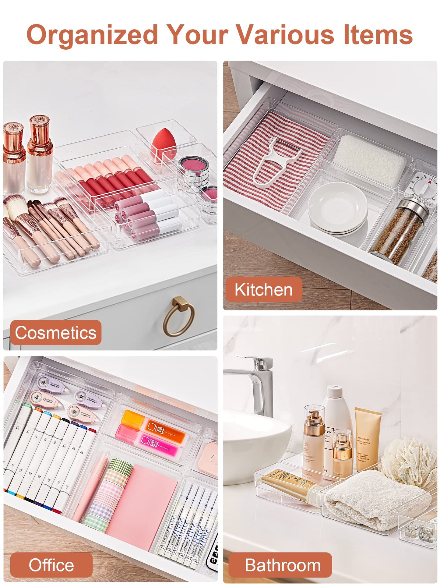 SMARTAKE 16-Piece Drawer Organizer with Non-Slip Silicone Pads, 5-Size Desk Storage Tray for Makeup, Jewelries, Utensils in Bedroom Dresser, Office and Kitchen, Clear
