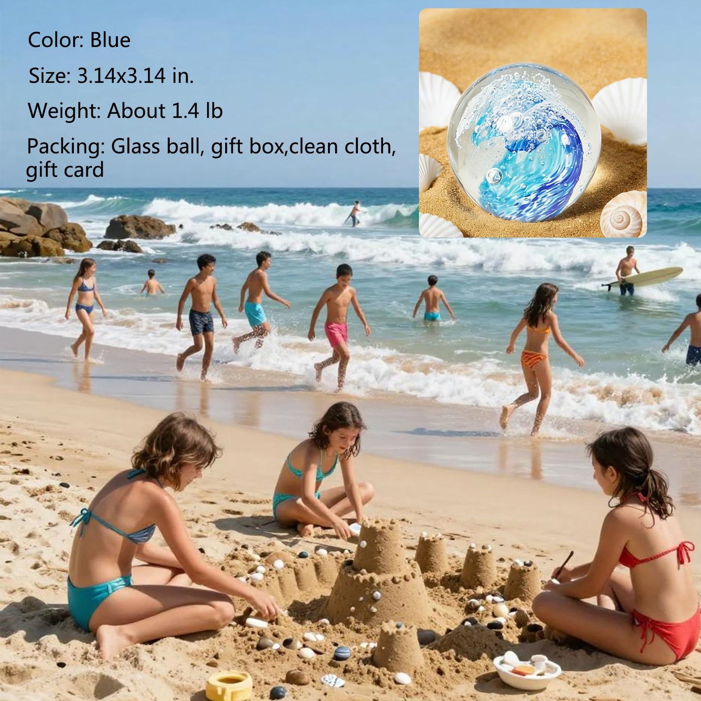 Oiexgu Hand Blown Ocean Wave Glass Ball Paperweight Sea Glass Ball,Beach Home Decoration Collectible Figurines Ball,Aquarium Decor Office Desk & Bathroom Decor,Unique Gift Ocean Lovers