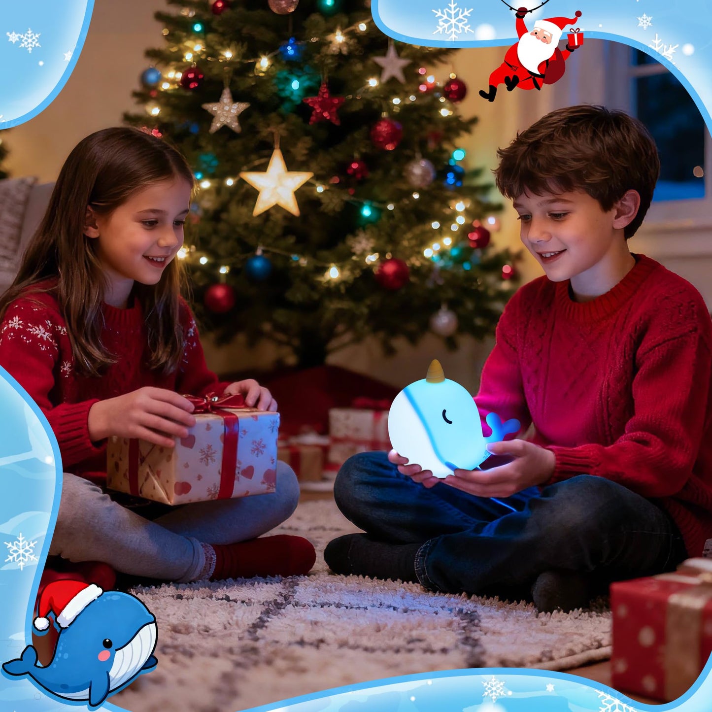 OkiyiD Blue Narwhal Lamp, Cute Silicone Night Light, Dimmable Animal Nursery Night Lights Bedside Touch Lamp, Whale Gifts for Bedroom Whale Decor