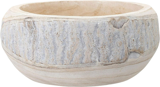 BOLTCORRSE Large Whitewashed Decorative Wood Bowl - Dramatically Textured Hand-Carved Paulownia Wooden Centerpiece - Rustic Farmhouse & Organic Modern Decor Accent