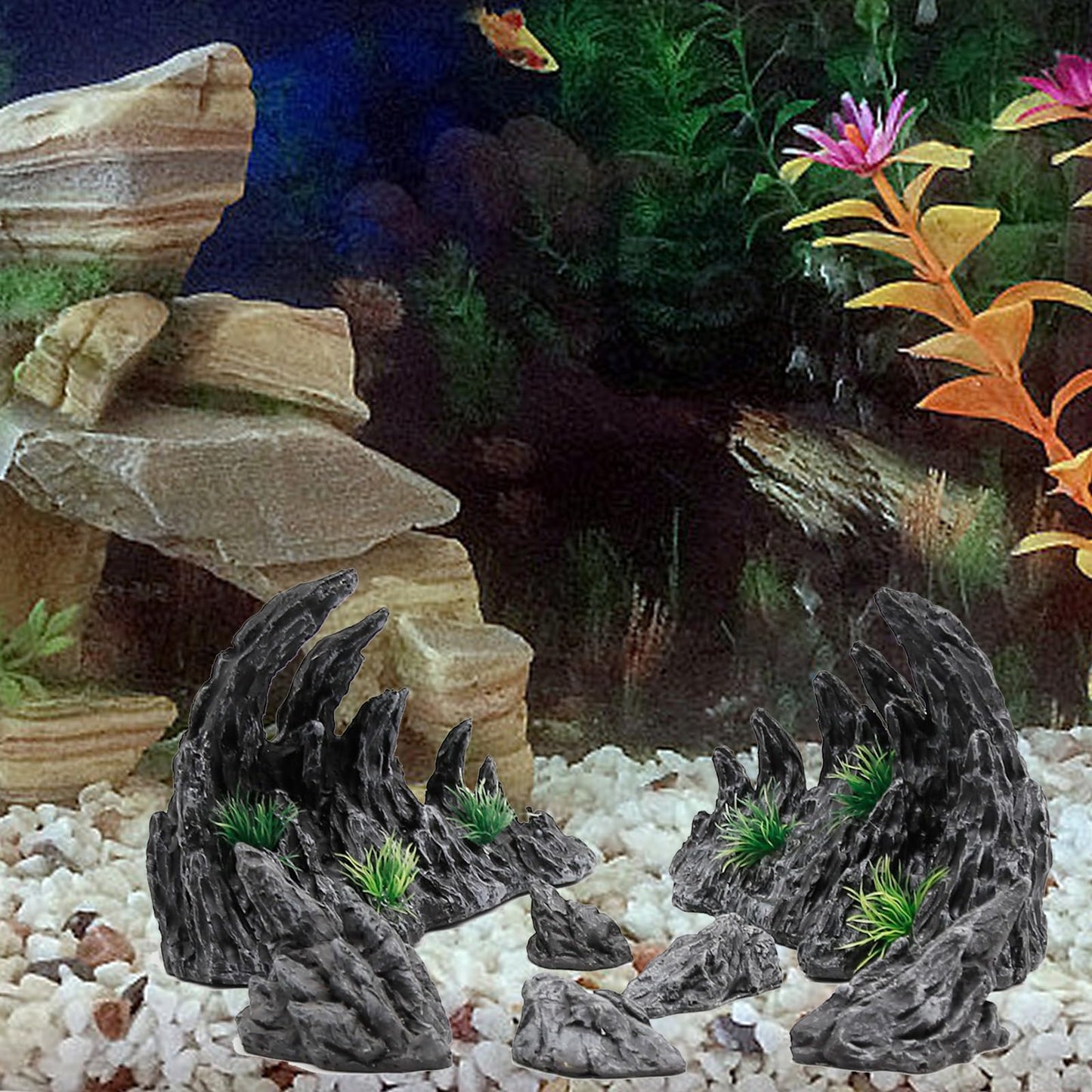 Large “Soul Valley” 7pcs Resin Aquarium Decor Set – Fish Tank Decorations, Imitation Stone Ornaments for 12-20 inch aquariums, Natural Rock Style Decor for Fresh/Saltwater Landscaping Aquariums