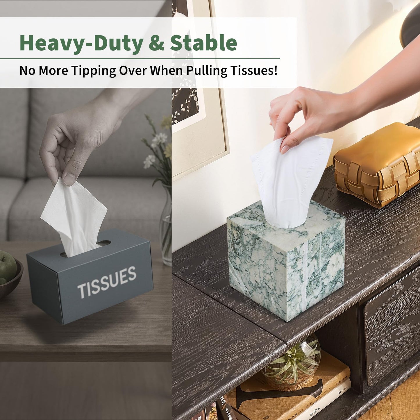 Real Natural Marble Tissue Box Cover, 5.5 Inch Square Marble Tissue Box Holder with Open Bottom, Heavy Stone Decorative Organizer for Bathroom Vanity, Kitchen Countertop, Luxury Home Décor