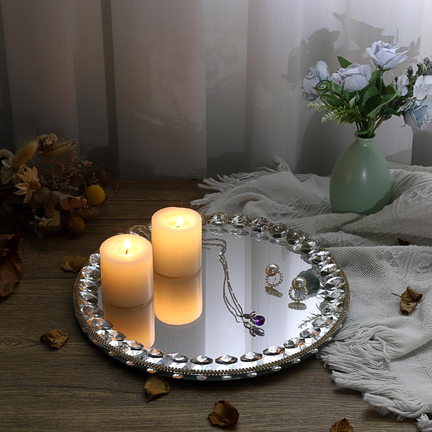 Hipiwe Mirror Glass Vanity Tray Sparkling Crystal Perfume Tray Round Decorative Tray Gorgeous Makeup Organizer Tray Jewelry Trinket Tray for Bathroom Dresser Table, 10.6 inch