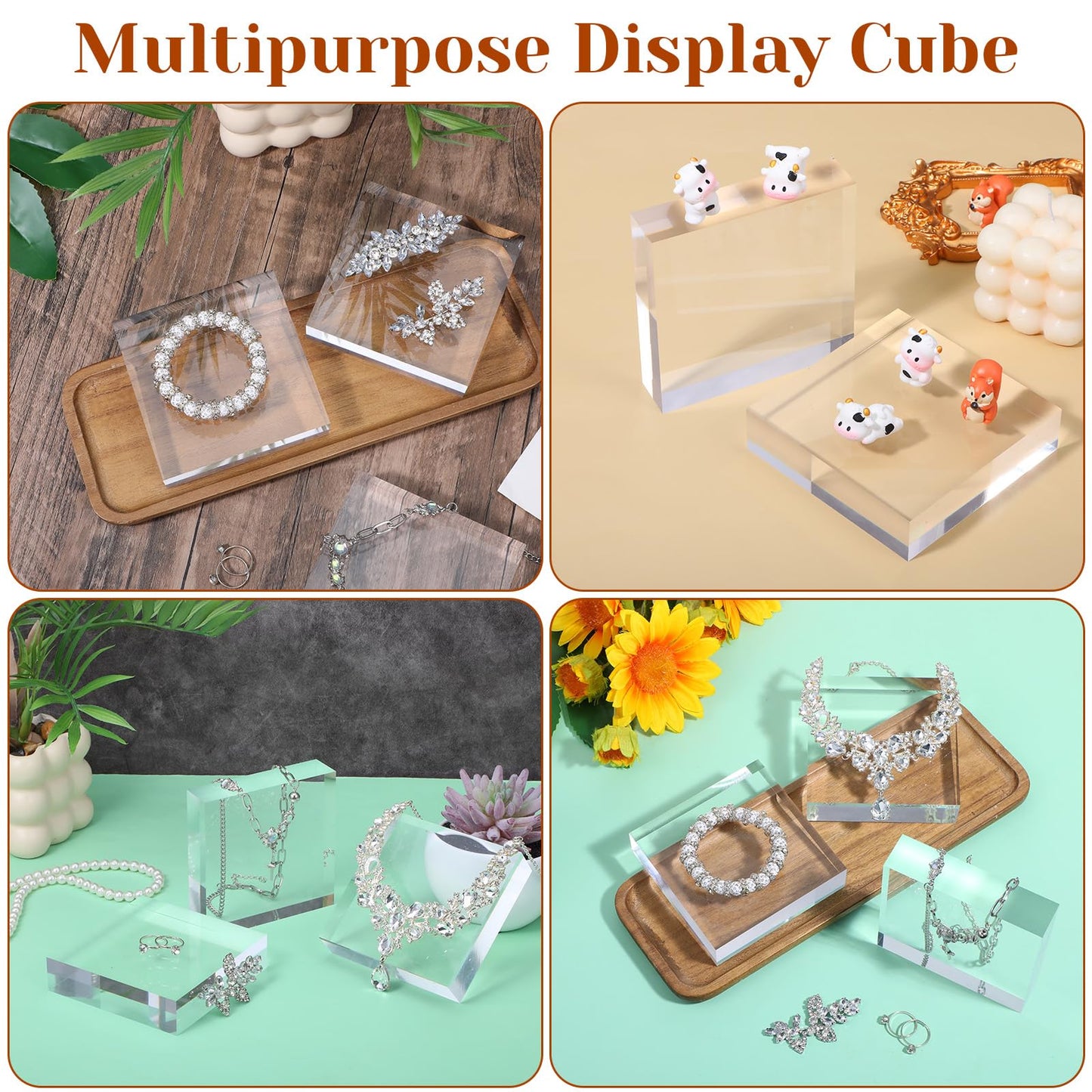 Meyeyaia 8pcs Acrylic Blocks for Display, 4 x 4 x 1 Inch Clear Polished Acrylic Cube Risers, Square Jewelry Display Stand Base for Rings Armband Jewelry