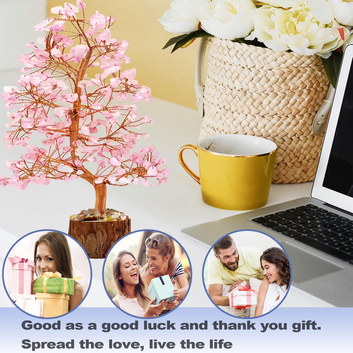 Tizzomx Crystal Healing Chakra Tree of Life Rose Quartz, Sister Women Mom Birthday Spiritual Gifts Positive Energy & Good Luck, Bonsai Gem Stone Feng Shui Money Tree House Home Office Room Desk Decor