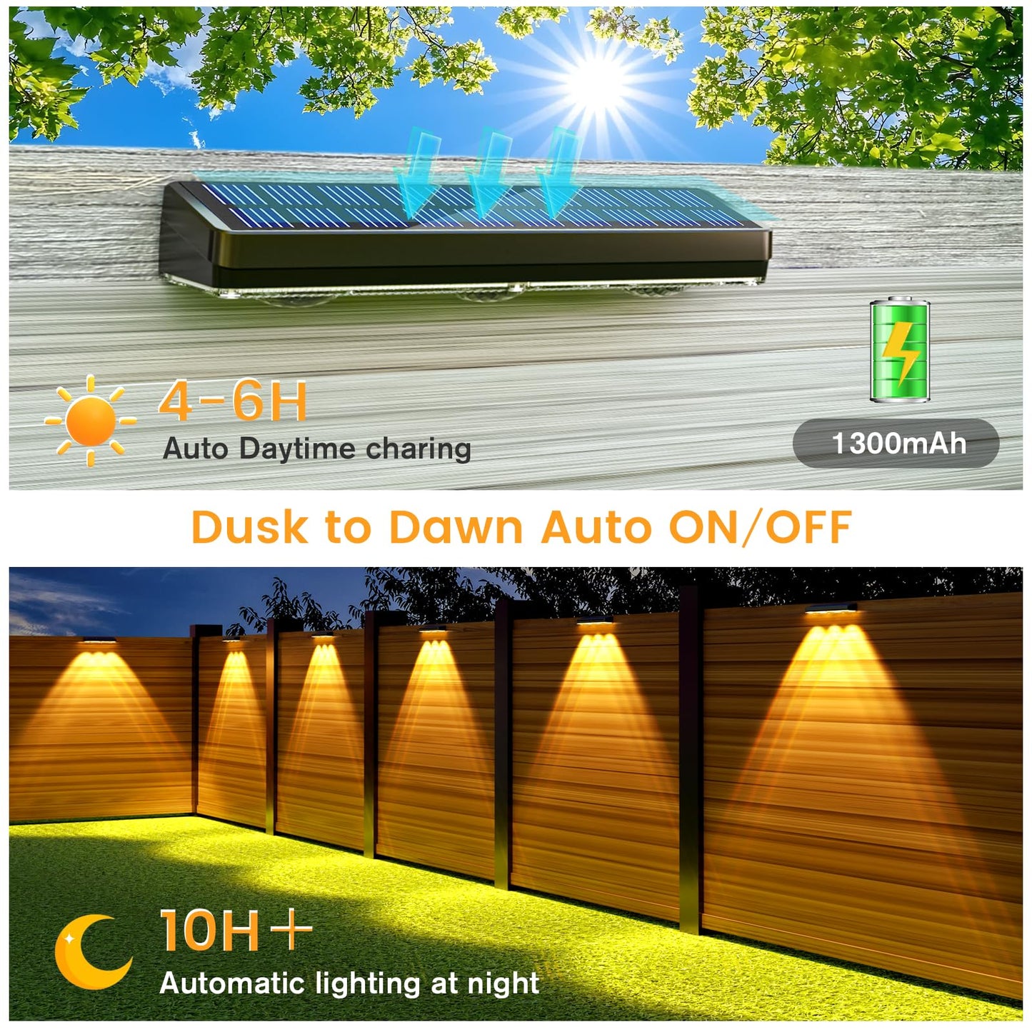 JOFIOS Solar Fence Lights Outdoor,1300mAh,Warm/Natural/Cool White,IP65 Waterproof,6 inch Fence Lights Solar Powered,Solar Lighting for Deck, Backyard, Railing(8Pack Black)