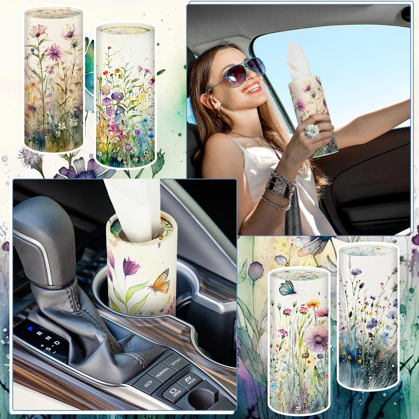 Layhit 12 Pcs Car Tissues Holder Round Facial Tissues Boxes Vintage Floral Printed Travel Cylinder Cube Holder Bulk for Car Cup Container(Flowers)