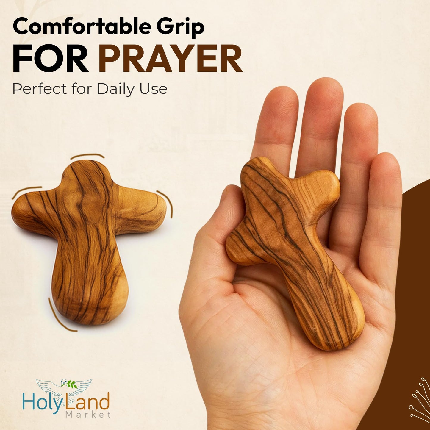 Holy Land Market Olive Wood Comfort Cross | Handmade Holding Cross from Bethlehem Palm Cross, Clinging Cross with Velvet Bag & 2 Certificates | 4 Inch x 6