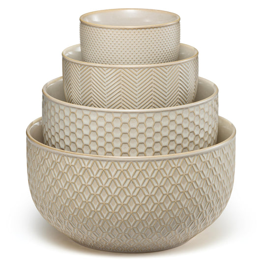 KooK Ceramic Mixing Bowls, Nesting Set of 4, Embossed Kitchen Dishware, Prep, Serving, Gift, Microwave and Dishwasher Safe, 20/44/98/145 oz, Narbonne Collection (Almond)