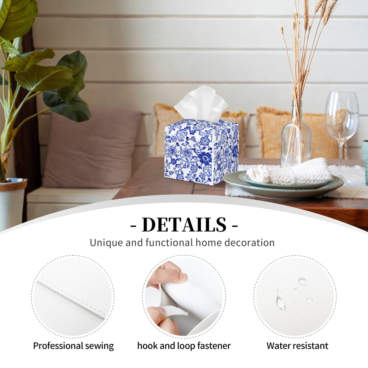 Tissue Box Cover,Blue and White Porcelain Flowers Pu Leather Square Tissue Box Cover Case Decorative Organizer for Bathroom Vanity Countertop Night Stands Office Desk & Car 5.2X5.2X5.2''