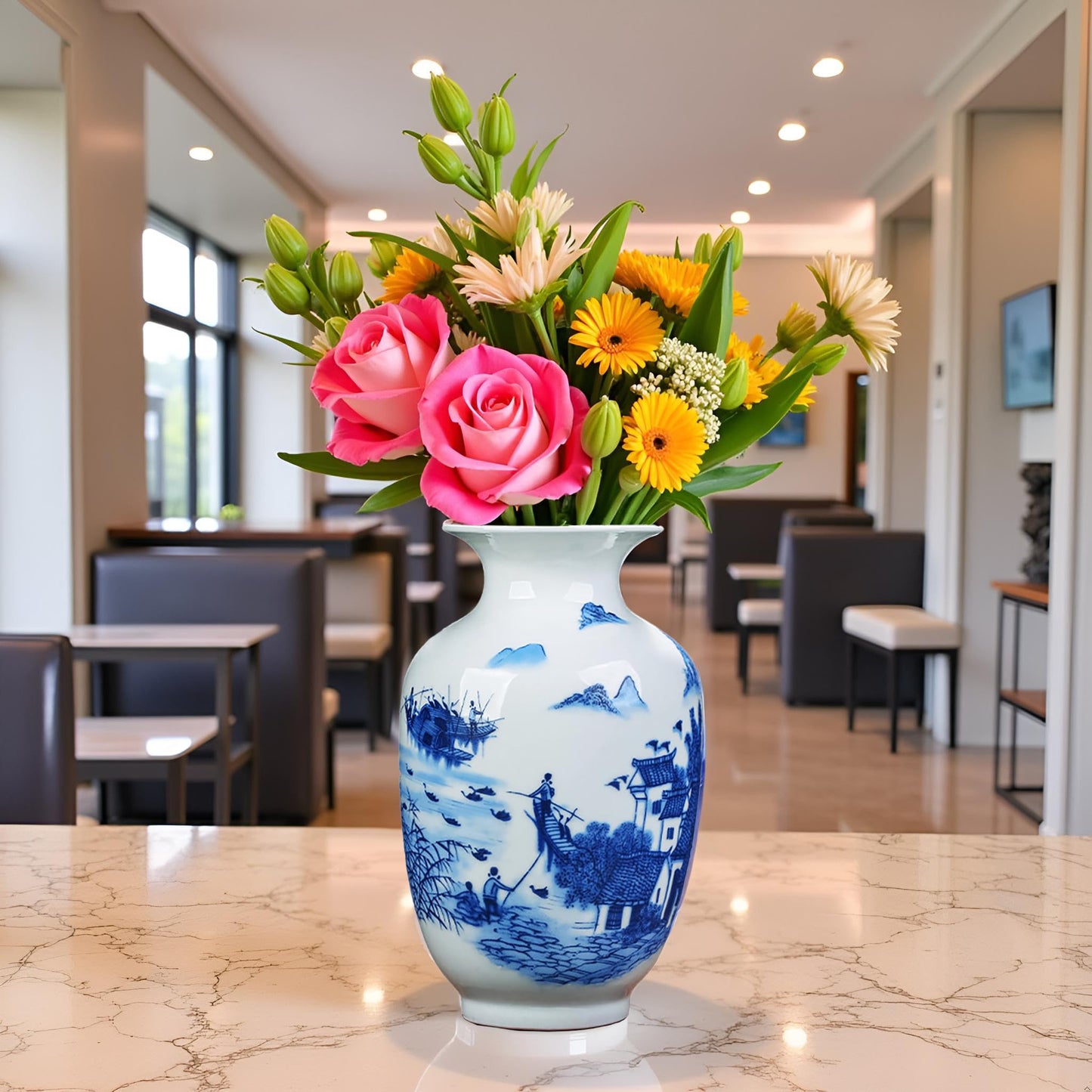 MTME Porcelain Figurines, Jingdezhen Decorative Flower vase, Home Decor, Wedding Gifts, Aesthetic Sculpture Home décor (Scenery Blue)