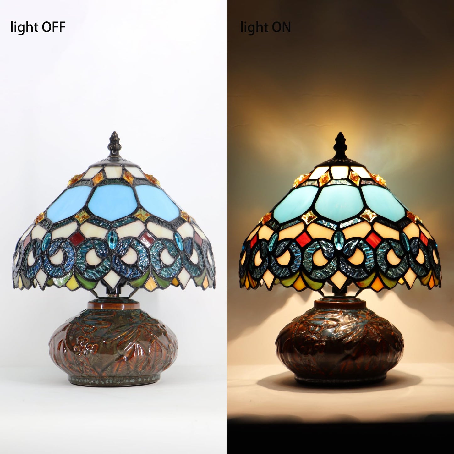 LXHCYOU Small Tiffany Table Lamp, 10X10X11 Inch Mini Stained Glass Mushroom Desk Light Memory Sympathy Ceramic lamp (Sapphire Style)