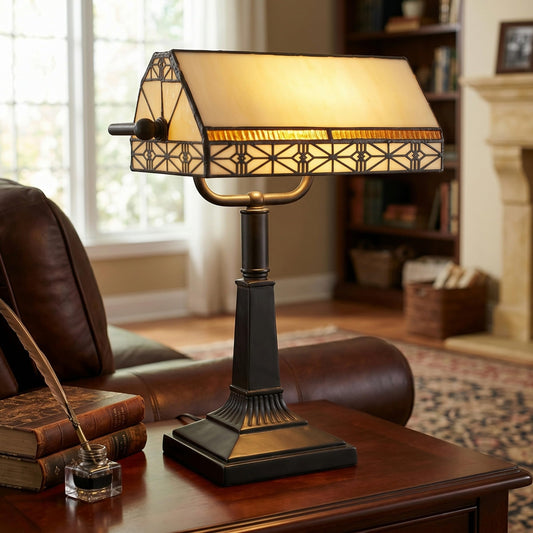 Lavish Home Tiffany-Style Bankers Lamp - Vintage-Looking Mission-Style Table or Desk LED Light with Stained Glass Shade (Dark Brown)