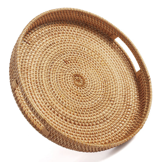 Coffee Table Tray Round Rattan Ottoman Tray Woven Serving Trays with Handles for Home and Kitchen Decorative Natural (Large 14 inch x 2.4 inch)