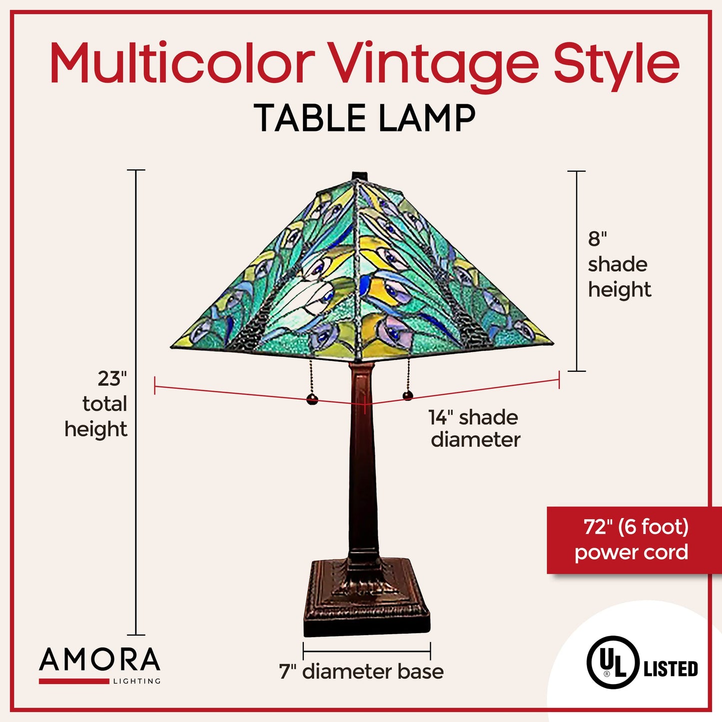 Amora Vintage Tiffany Table Lamp - Peacock Table Night Light - Turquoise Glass Nightstand Lamp - 23” Tall Stained Glass Lamp