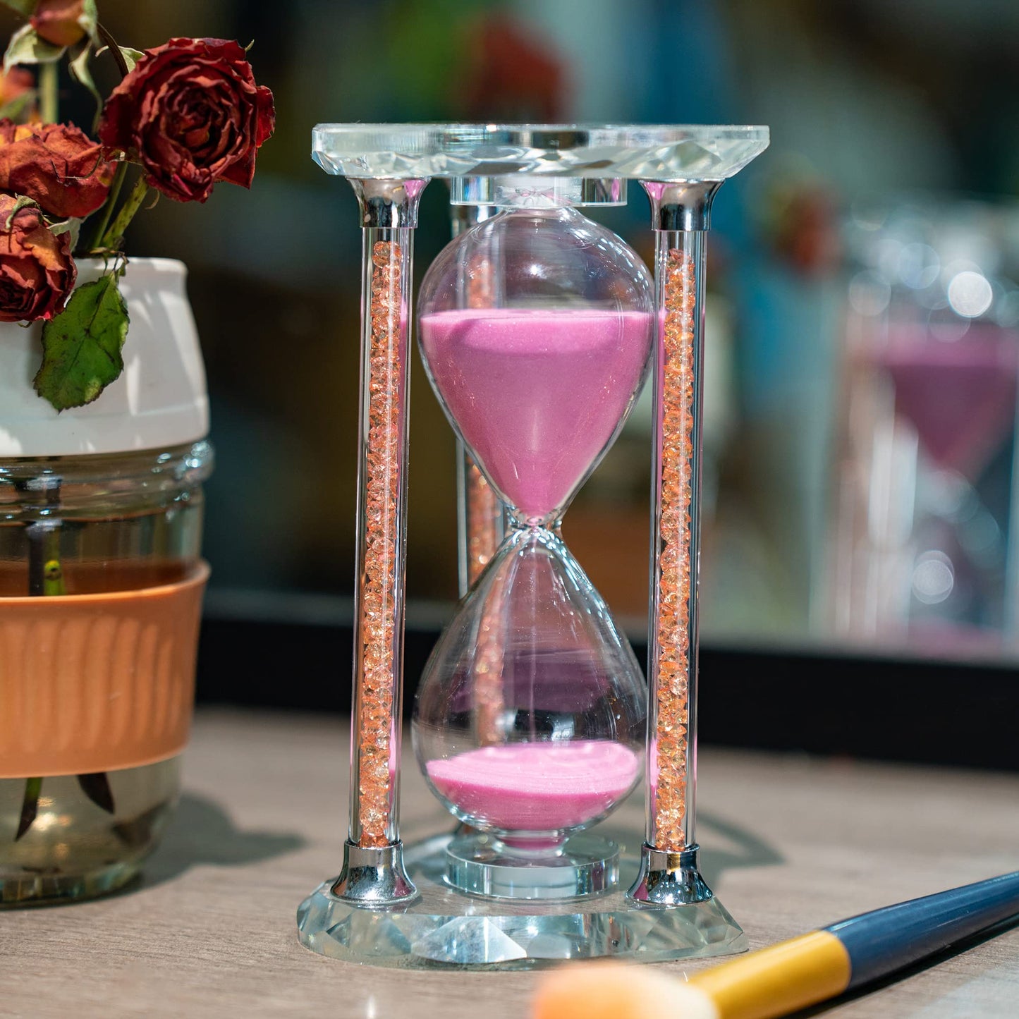 60 Minutes Sand Timers,Heart Shaped Crystal Hourglass, Sand Clock with Gift Box (Pink)