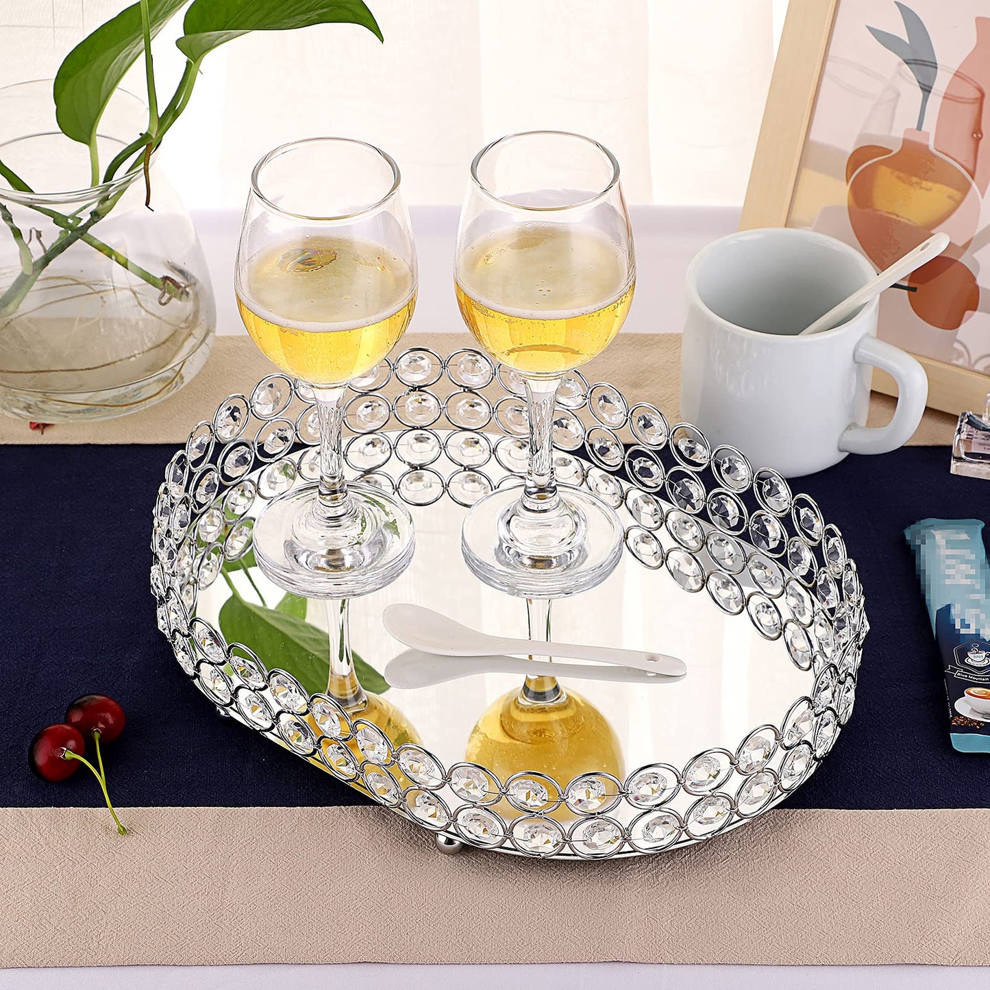 Hipiwe Crystal Vanity Tray Mirrored Dresser Perfume Trays for Makeup Tray Cosmetic Skin Care Storage, Jewelry Trinket Organizer Tray for Bathroom Countertop Home Decor (Medium, Silver)