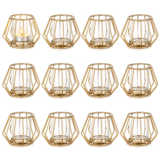 Geometric Tea Light Candle Holders - Wedding Centerpiece for Tables Morden Metal Votive Tealight Candles Stand with Glasses Coffee Home Room Decor Wedding Party Birthday Decoration, Gold 12 pcs