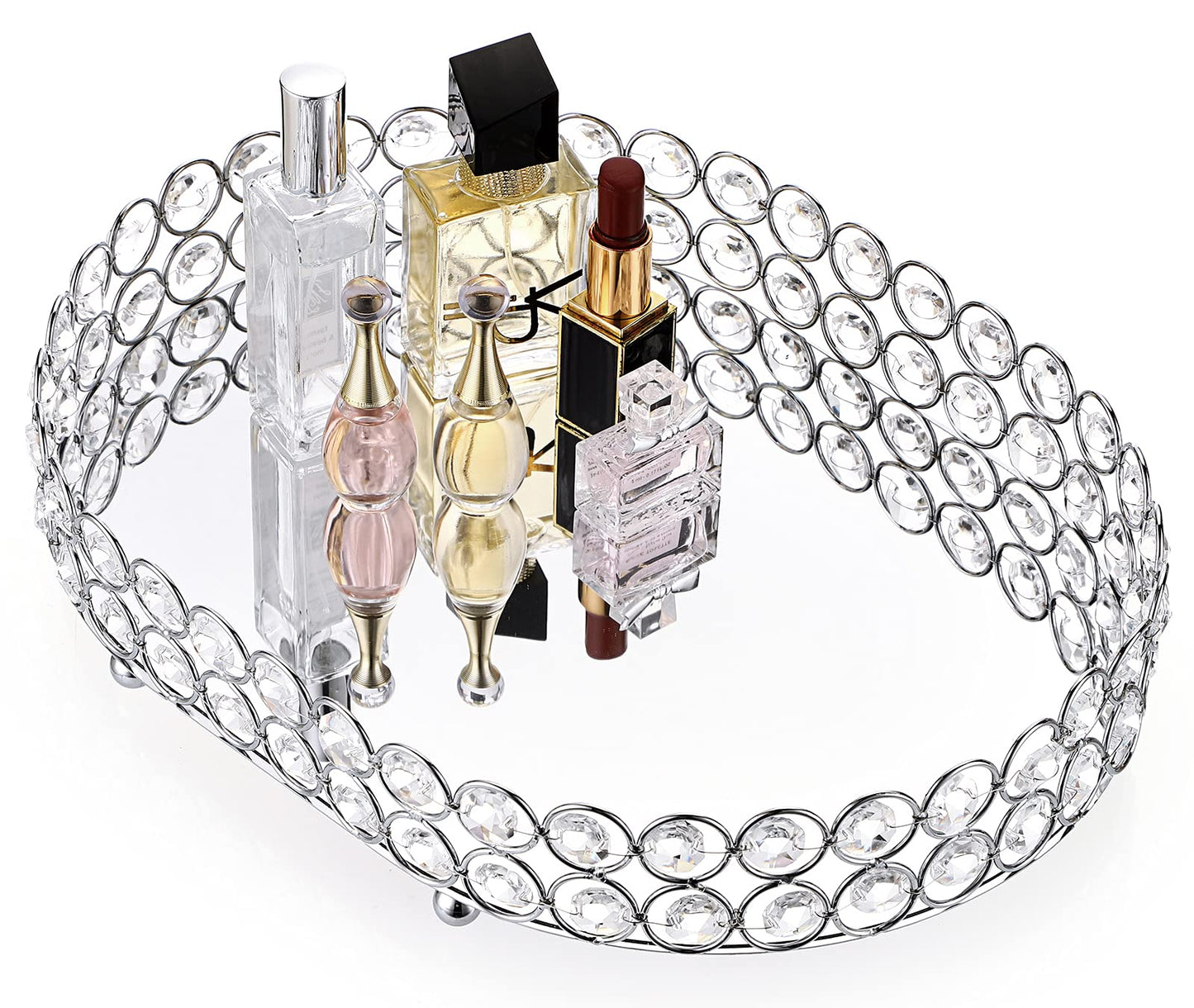 Hipiwe Crystal Vanity Tray Mirrored Dresser Perfume Trays for Makeup Tray Cosmetic Skin Care Storage, Jewelry Trinket Organizer Tray for Bathroom Countertop Home Decor (Medium, Silver)