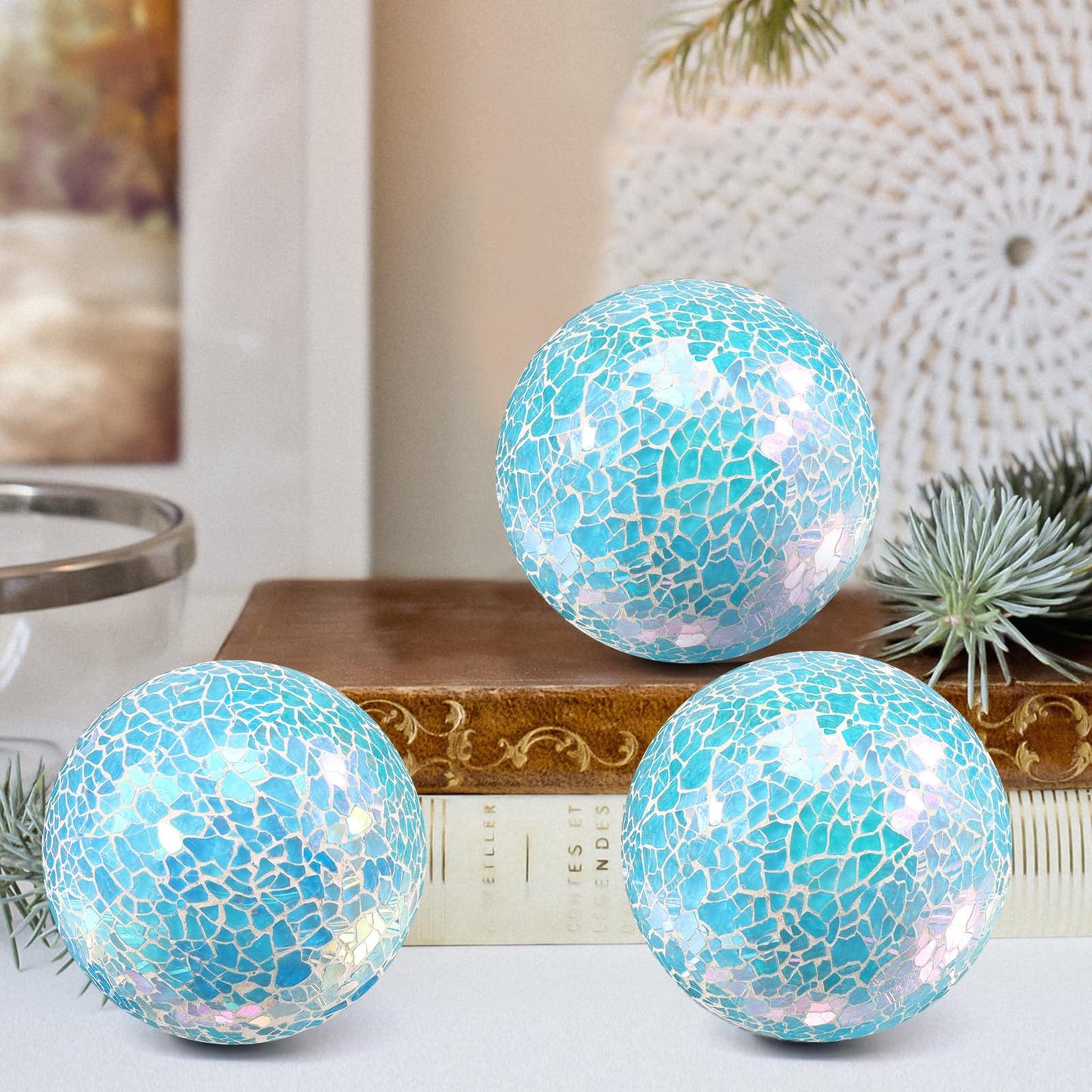 ginojex 3Pcs Mosaic Glass Orbs Decorative Balls Set 8.5cm/3.35inch Blue Sphere Wedding Party Home Decor Table Centerpiece