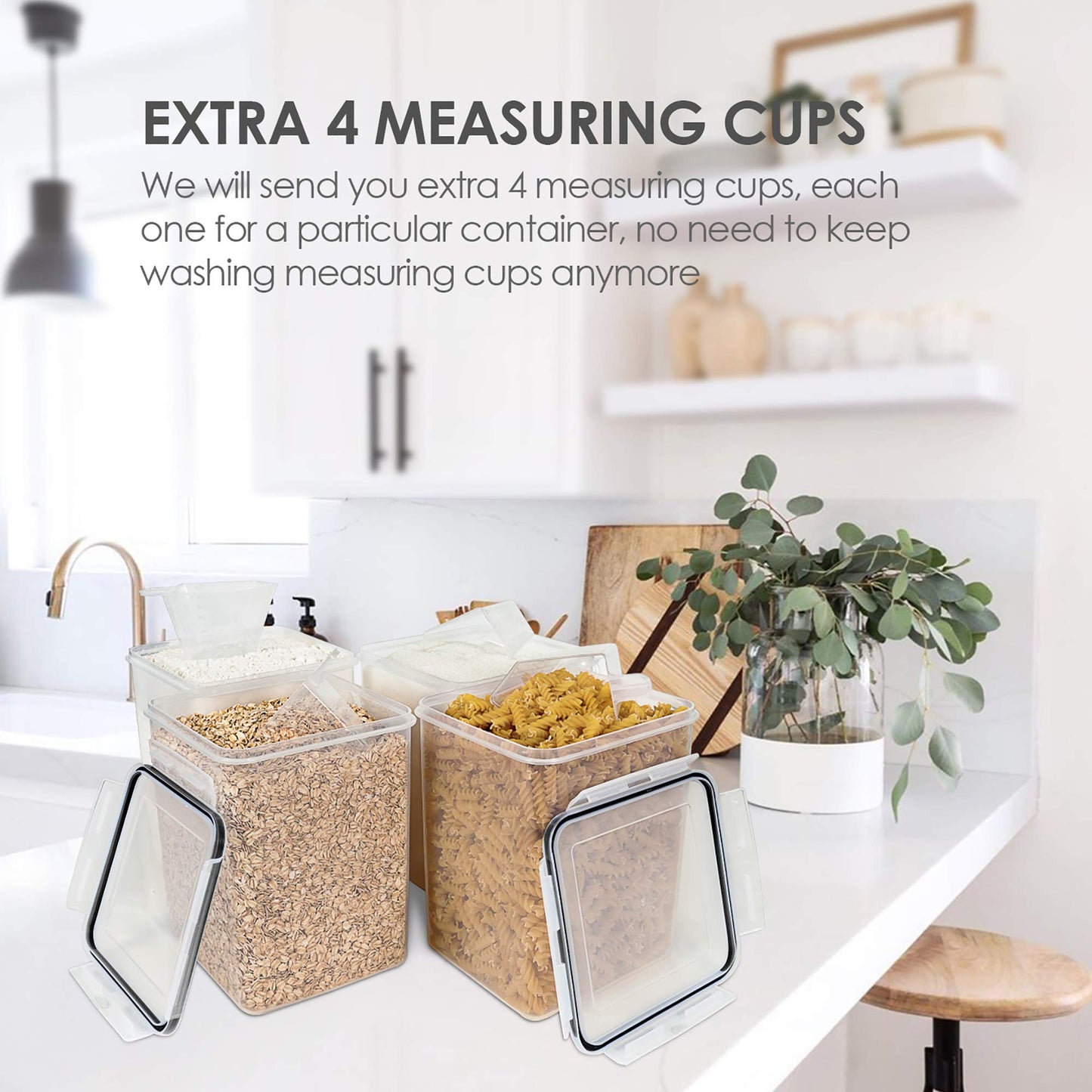 Vtopmart 4 PCS Large Food Storage Containers 5.2L / 175oz, 4 Pieces BPA Free Plastic Airtight Canisters for Flour, Sugar, Baking Supplies, Rice with Lids, 4 Measuring Cups and 24 Labels, Black