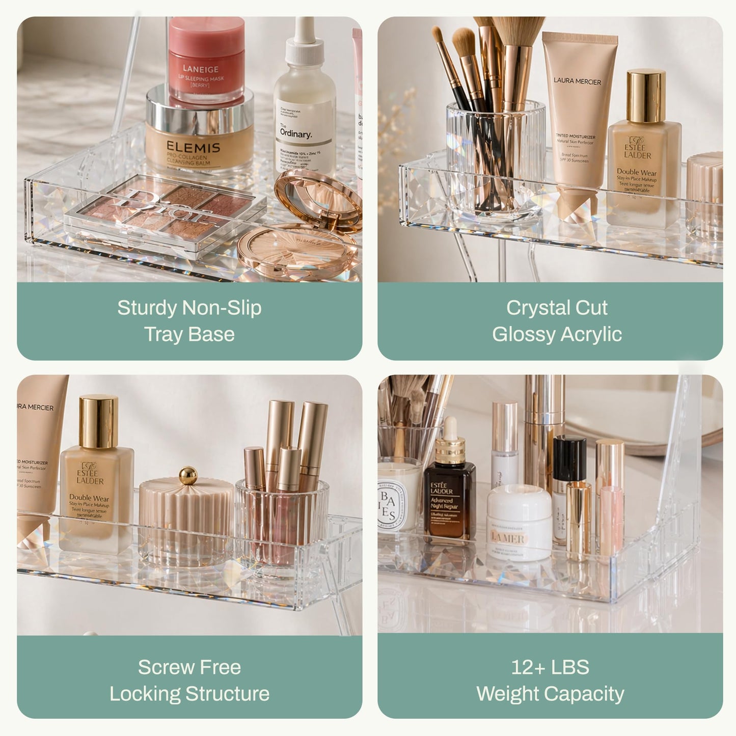 Perfume Organizer for Vanity, Premium Clear Acrylic Makeup Organizer Countertop with Non-Slip Trays, Easy 30-Second Assembly, Holds 12–16 Bottles for Bathroom & Dresser (Crystal Clear)