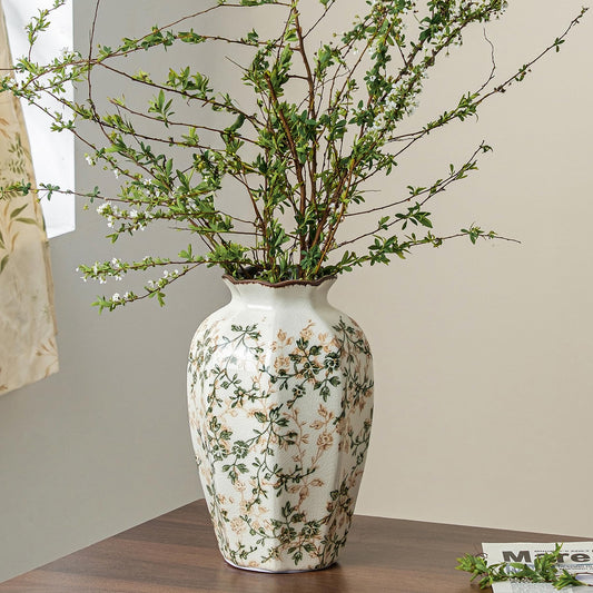 Ceramic Flower Vase | Green Rustic Farmhouse Vase for Home Decor, Vintage Floral Pottery Tuscan Octagonal Vase for Living Room & Kitchen, Mantel & Bookshelf, Centerpieces, Entryway, Wedding(9.1 Inch)