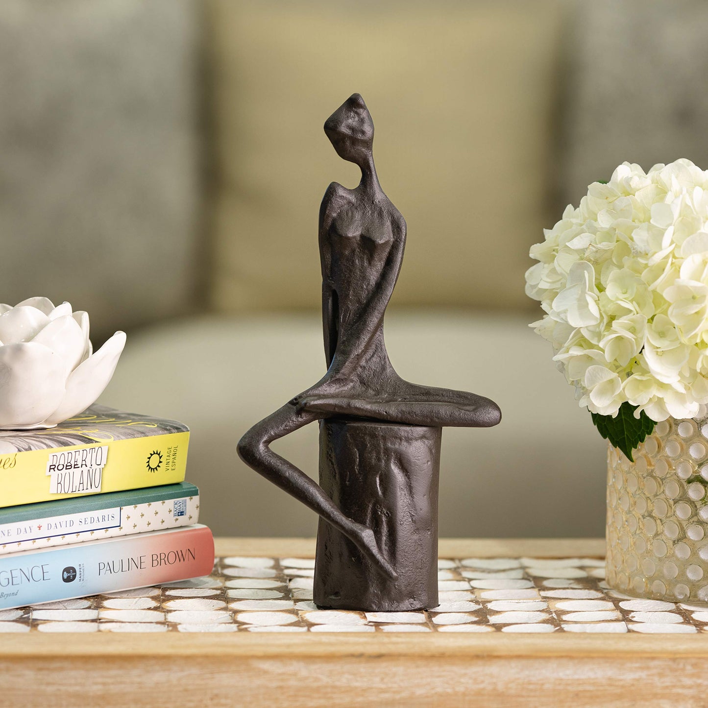 Danya B. Woman in Reflection Cast Iron Sculpture | Contemporary Metal Art Shelf Decor | Thinking Figurine - Brown
